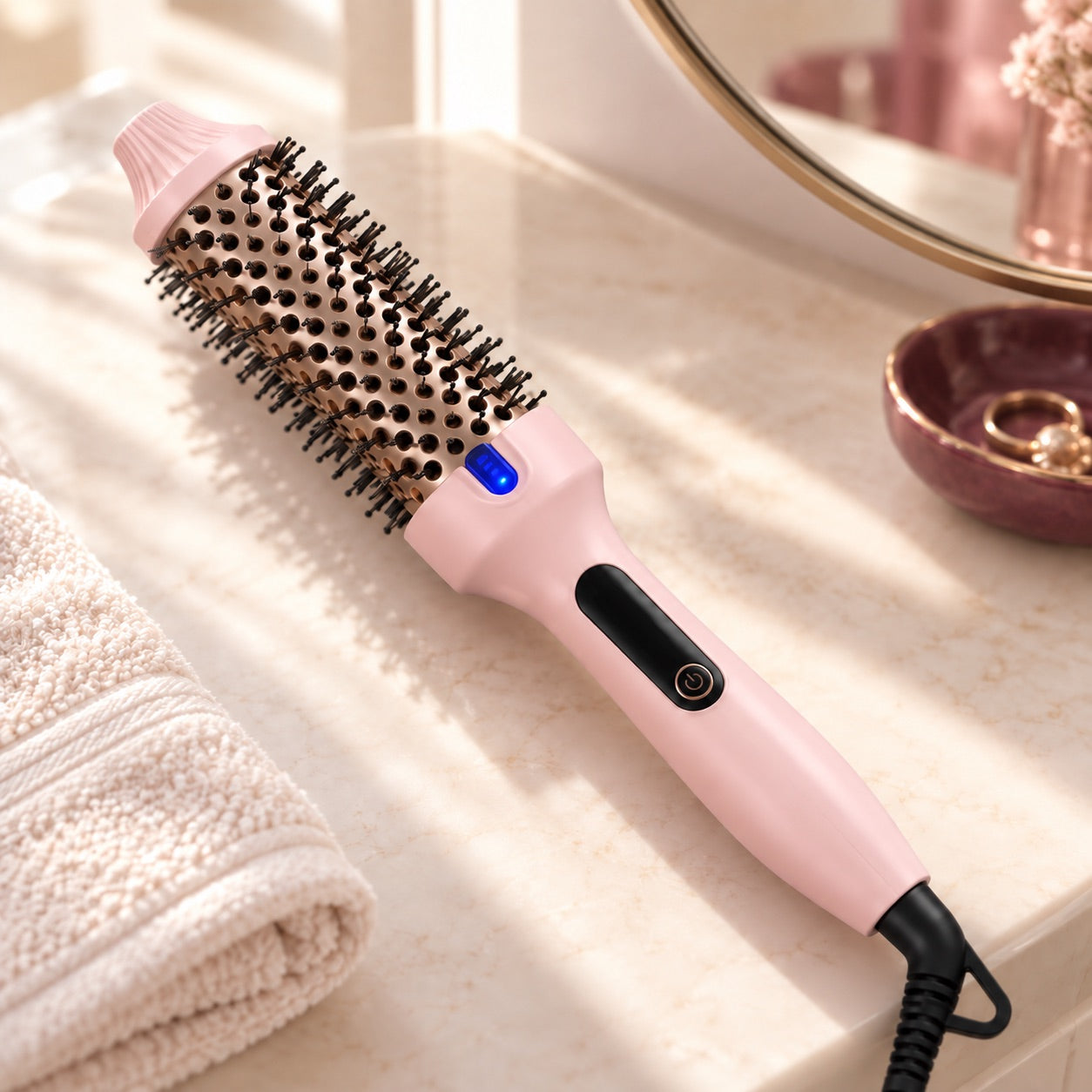 Wavyy brush on an ivory vanity
